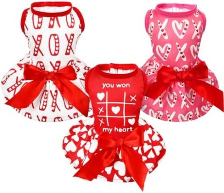 Abbylike 3 Pcs Valentine's Day You Won My Heart Themed Dog Dresses Party Costumes Holiday Theme Outfit Pet Clothes with Heart Hook and Loop Strip Bow Dog Clothes Apparel for Puppy Small Dogs (Large)
