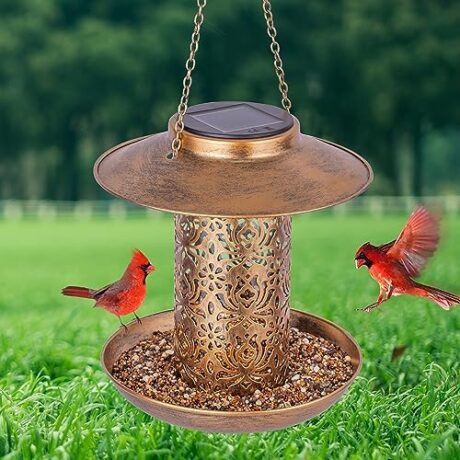 Ottsuls Solar Bird Feeder for Outdoors Hanging, Metal Wild Cardinals Garden Lantern with S Hook, Weatherproof and Water Resistant Birdfeeders as Gift Idea for Bird Lovers (Bronze)