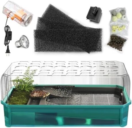 AZV Turtle Tank Aquarium Kit, Turtle Habitat Starter Terrarium, Aquatic Tortoise Enclosure with Lid, Bottom Filter, Multi Function Areas, Drainage, Basking Platform Lamp for Pet Turtles Crabs Reptiles