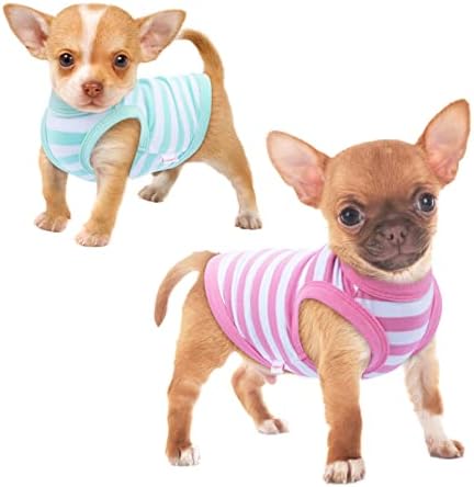 Frienperro Dog Shirt, 2-Pack Dog Clothes for Small Dogs Girl, Breathable Cotton Striped Chihuahua Clothes Boy, Sleeveless Small Pet Puppy Clothes Outfit Cat Tank Top Vest,Green & Pink XS