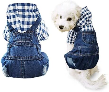 Pet Clothes Denim Dog Jeans Striped or Grid Jumpsuit Overall Hoodie Coat for Small Medium Puppy Cat Blue Plaid