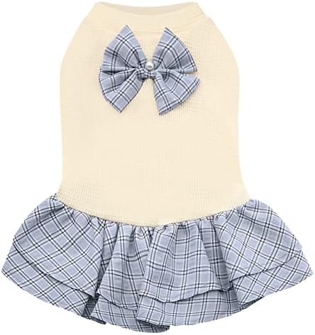 KYEESE Dog Dress Plaid with Bowknot Light Weight Pet Apparel for Small Dogs Cats Puppy Dog Outfits, Beige S