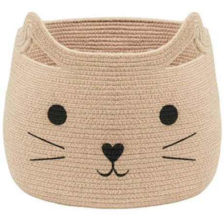 VK VK·LIVING Animal Baskets Large Woven Cotton Rope Storage with Cute Cat Design Laundry Organizer for Towels, Blanket, Toys, Clothes, Gifts – Cat Toy Box Pet or Baby Gift Baskets 15"Lx14H"