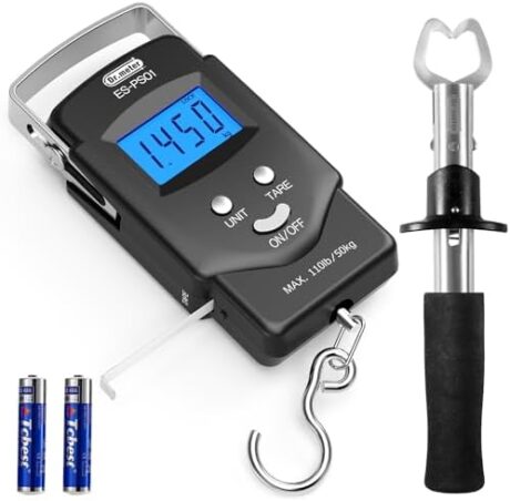 Dr.meter PS01 Fish Scale with Fish Lip Gripper - 110lb/50kg Backlit LCD Display Digital Weight Scale with Built-in Measuring Tape - Stainless Steel Fish Holder Tool Set, Fishing Gifts for Men