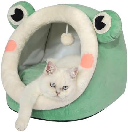 Jiupety Cute Cat Bed, Indoor Lovely Velvet Igloo for Cat and Small Dog, Warm Cave Sleeping Nest Bed for Puppy and Kitten, Green Frog, M