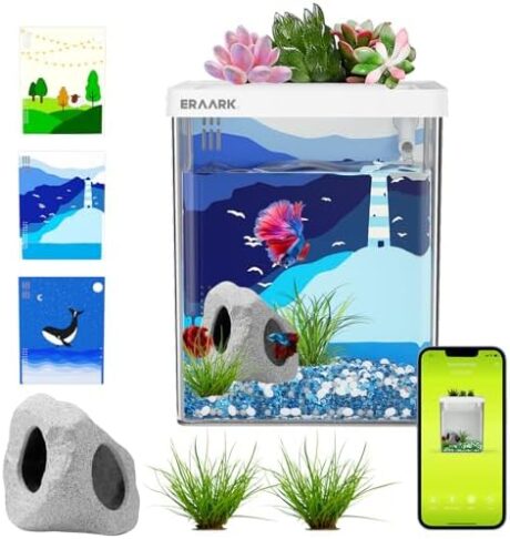 Aquarium kit 1.5 Gallon Betta Fish Tank self Cleaning, Fish Tank with Filter LED Light, Decorations Hideaway Rock Cave, Water Pump,Fish Bowl