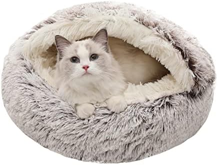 Calming Dog Beds & Cat Cave Bed with Hooded Cover,Removable Washable Round Beds for Small Medium Pets,Anti-Slip Faux Fur Fluffy Coved Bed for Improved Sleep,Fits up to 15/25 lbs (Small,20"x20")