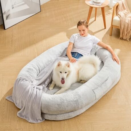 Human Dog Bed - 71''x47''x12.5'' Dog Bed for Humans Size Fits You and Pets, Washable Faux Fur Large Human Dog Bed for People Doze Off, Napping, Orthopedic Dog Bed, Present Plump Pillow, Blanket, Grey
