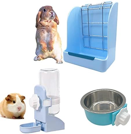 Pet Feeder & Water Bottle, 17oz No Drip for Rabbit, Guinea Pig, Hanging Automatic Water Bowl and Food Bowl, 3-in-1 Feeder for Small Animal Cage