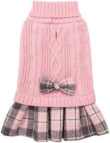 WOYYHO Dog Sweater Dress for Small Dogs Girl with Bowtie Turtleneck Dog Sweater with Leash Hole Knitted Dog Sweater Dress Pet Dog Winter Clothes Dog Dress for Yorkies Chihuahua (Small, Pink)