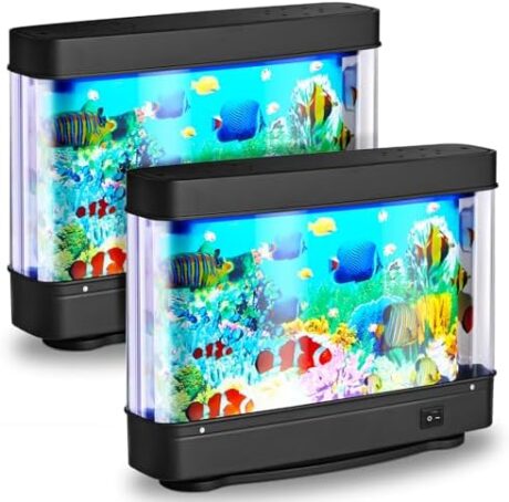 2 Pcs Pretend Fish Tank for Men Women Decorative Tropical Fake Mini Artificial Aquarium with Moving Fish Night Light Virtual Ocean Aquarium Toy for Desktops Rooms Living Rooms