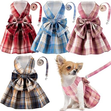 4 Pcs Cute Plaid Dog Dress Set with Bow Tie Harness & Leash for Small Dogs, Puppy Clothes for Girls Summer Outfits(S,Dark Color)