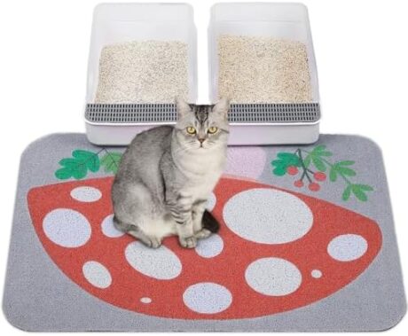 Bienbee Cat Litter Mat, Litter Mat Litter Trapping Mat Easy to Clean, Litter Box Mat with Bottom, Mushroom Theme Graphic Design Cat Mats for Litter,L 33.5 * 22.5in