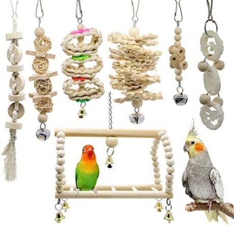 Deloky 7 Packs Bird Parrot Swing Chewing Toys-Hanging Bell Bird Cage Toys Suitable for Small Parakeets, Cockatiels, Conures, Finches,Budgie,Macaws, Parrots, Love Birds