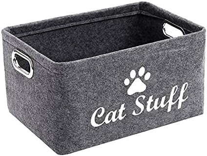 Felt Cat Toy Basket,Foldable Pet Toy Storage Bins with Handles, Pet Stuff Organizer for Indoor Cat,Kitten Toy Storage Bed for Organizing Cat Toys Treats Clothes and Accessories