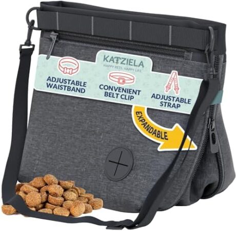 Katziela Expandable Pet Treat Pouch - Hands Free Dog Treat Pouch, Quick Access Magnet Closure - Anti Spill Dog Treat Bag - Treat Pouches for Pet Training, Adjustable Shoulder Strap & Belt Clip (Black)