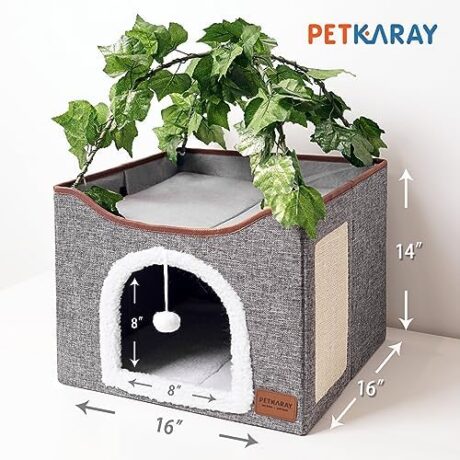 PETKARAY Cat Cave, Cat Beds for Indoor Cats, Covered Cat Hideaway Cube House with Plush Ball and Scratching Pad, Enclosed Cat Condo with Artificial Leaves