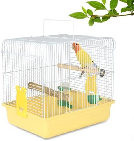 Small Bird Cage, Lightweight for Parakeets, Hanging for Parrot, Travel for Cockatiel, Outdoor Budgie, Pet Products Flat Top Economy Small Animal Cage with Stand Accessories with White Wire, Yellow