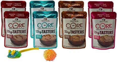 Wellness CORE Tiny Tasters Grain Free Cat Food 4 Flavor 8 Pouch Plus 2 Toys Sampler Bundle, (2) Each: Chicken Beef, Tuna Salmon, Chicken Turkey, Duck (1.75 Ounces)