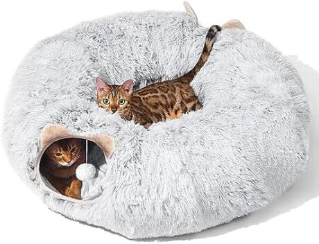 Cat Tunnel with Cat Bed for Indoor Cats, Under Christmas Tree Soft Plush Peekaboo Cat Cave Donut Tunnel, Multifunctional Playground Toys Hideplace for Kittens, Rabbit, Ferret (Grey)