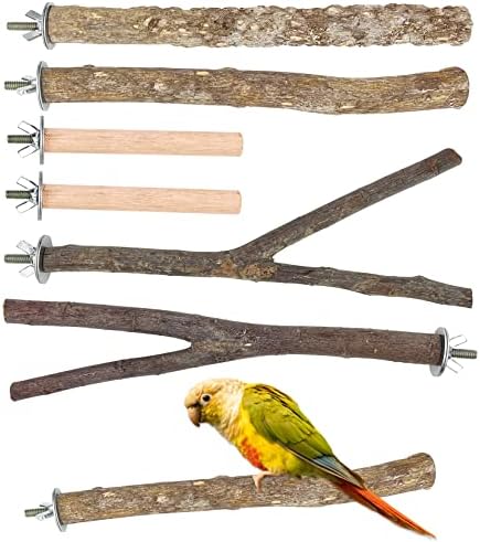 6 PCS Natural Wood Bird Perch Parrot Stand Fork Toys, Hanging Multi-Branch Perch Bird Cage Accessories for Small Parakeets, Conures, Cockatiels, Budgies, Finches, 3 Types