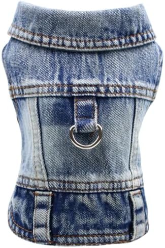 Dog Jean Jacket, Blue Denim Shirt Classic Lapel Vest Coat Costume Puppy T-Shirt, Comfort Tank Top Cool Apparel, Washed Pet Clothes for Dogs Boy Girl (with D-Ring, Medium)