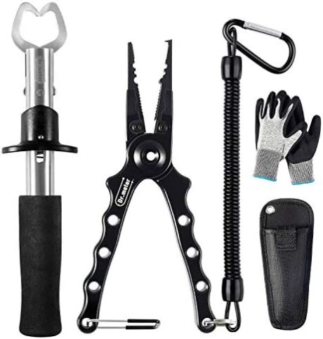 Dr.meter Aluminum Fishing Pliers, Saltwater Resistant Fishing Gear, Tungsten Carbide Cutters Split Ring Pliers Hook Remover Fish Holder with Fishing Gripper and Fishing Gloves, Fishing Gifts for Men