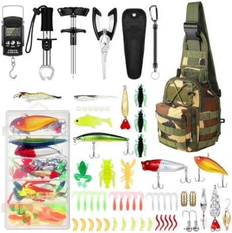 Sosation 134 Pcs Fishing Tool Kit Fishing Gear and Equipment for Men Adults, Include Hook Remover, Pliers Kit, Tackle Box with Tackle Included, Lures, Lip Gripper, Weigh Scale