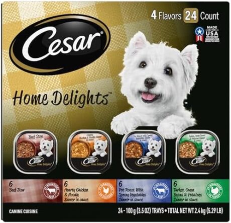 Cesar Home Delights Adult Wet Dog Food, Pot Roast with Spring Vegetables, Beef Stew, Turkey, Green Beans, & Potatoes, and Hearty Chicken & Noodle Variety Pack, 3.5 oz. (24 Count, Pack of 1)