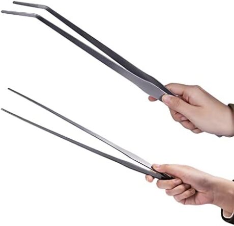 Extra Long Handle Aquarium Tweezers Serving Tongs Feed clamp,2 Pack Stainless Steel Straight and Curved Tweezers Set for Fish Tank Plants Reptile Feeding Tongs（15 Inchs）