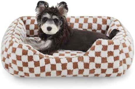JOEJOY Dog Beds for Small Dogs -Cute Cat Beds for Indoor Cats Calming Pet Beds, Rectangle Orthopedic Cuddle Puppy Bed with Jacquard Shaggy Plush & Anti Slip Bottom, 20x19x6inches, Brown