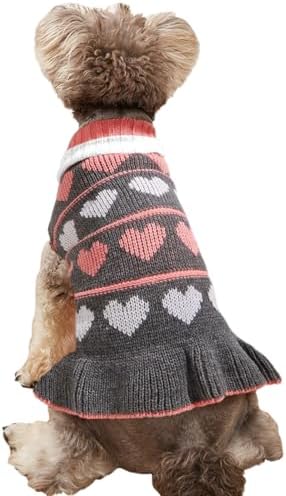 Jecikelon Pet Dog Long Sweaters Dress Knitwear Turtleneck Pullover Warm Winter Puppy Sweater Long Dresses (Grey Heart, Medium)