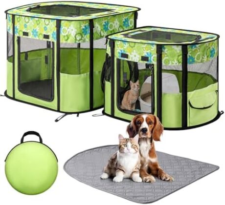 Portable Cat Playpen with Separate Areas, Foldable Indoor/Outdoor Cat Enclosure, Portable Pet Tent for Kittens & Small Animals, Collapsible Tent Kennel Cage House with Tent Pegs & Carry Bag