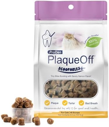 ProDen PlaqueOff Scoopables: Salmon-Flavored Dental Bites for Cats - Natural Kelp Formula for Plaque & Tartar Control, Freshens Breath- 45 Scoops
