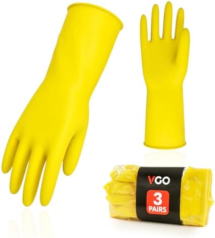 Vgo... 3-Pairs Reusable Household Gloves, Rubber Dishwashing gloves, Extra Thickness, Long Sleeves, Kitchen Cleaning, Working, Painting, Gardening, Pet Care (Size XL, Yellow, HH4601)